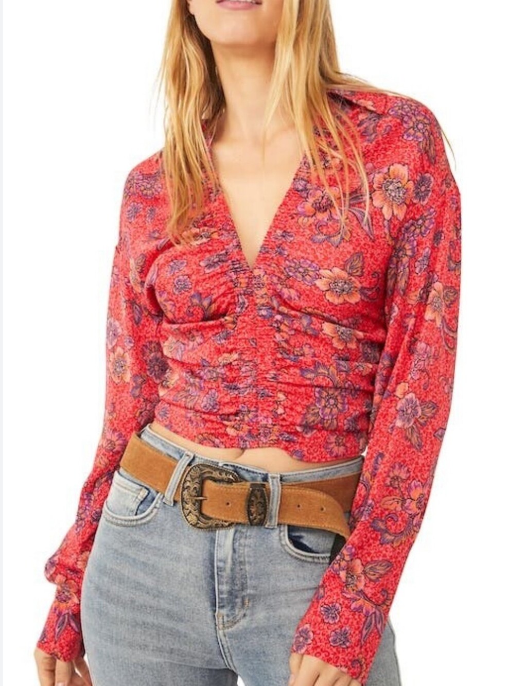 Free People Red Floral Ruched V-Neck Crop Top